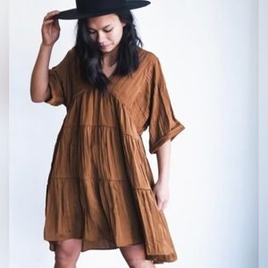Mustard Seed Women’s Brown Tiered Boho Babydoll Mini Dress – Size S
